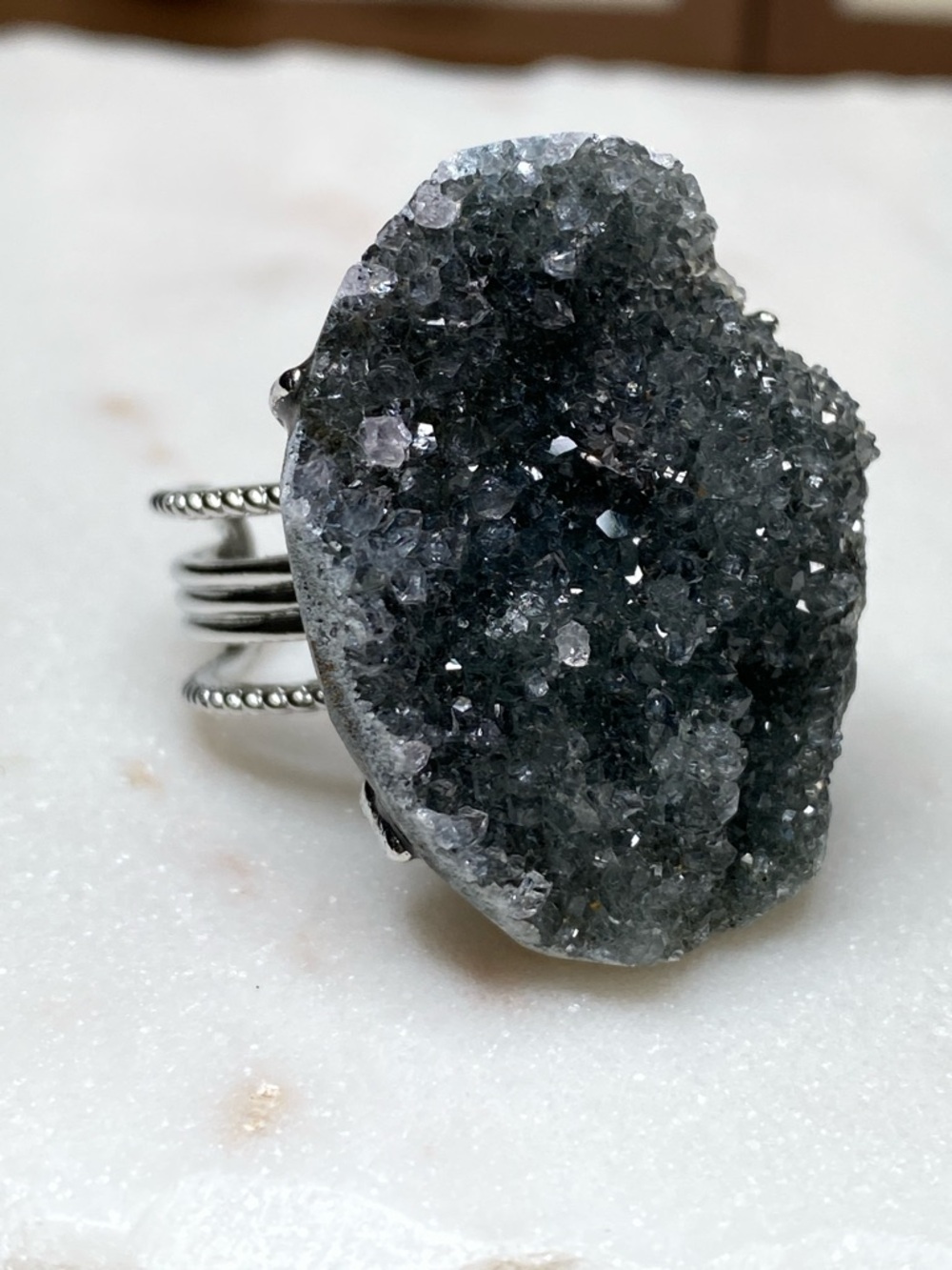 Apophyllite Druzy Ring • Raw Crystal Cluster • Adjustable Silver Statement Ring - Picture 5 of 14